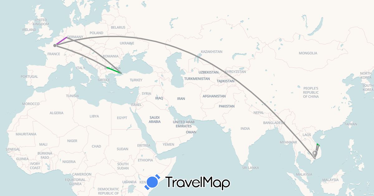 TravelMap itinerary: driving, bus, plane, train in Austria, Bulgaria, Germany, France, Turkey, Vietnam (Asia, Europe)