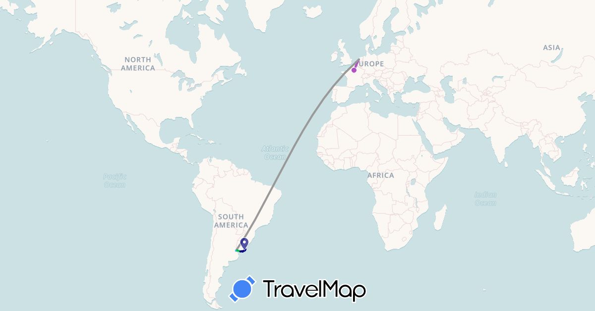 TravelMap itinerary: driving, bus, plane, train, boat in Argentina, France, Netherlands, Uruguay (Europe, South America)